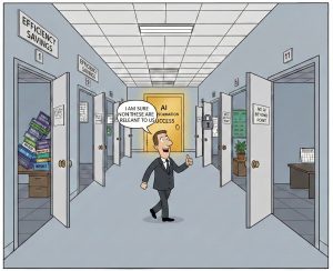 
A framework showing four stages of AI adoption — Procurement, Deployment, Evaluation, and Growing — with 11 organisational pitfalls mapped across them