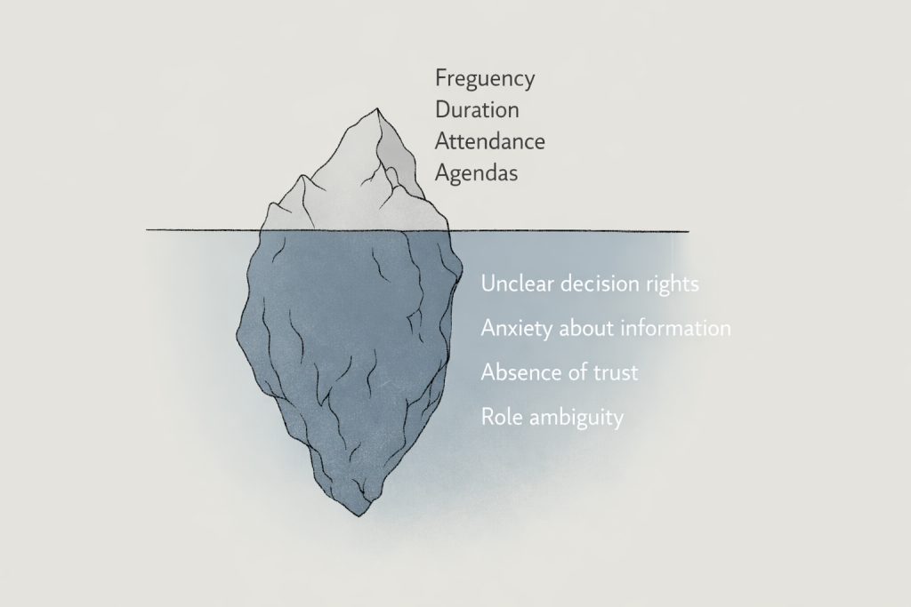 An iceberg diagram showing frequency, duration, attendance, and agendas above the waterline, and unclear decision rights, anxiety about information, absence of trust, and role ambiguity below it.