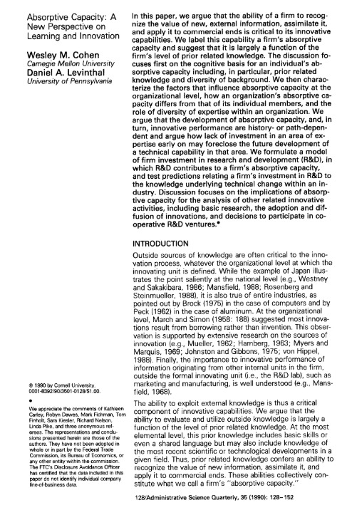 Opeing Page of the paper by Cohen and Levinthal