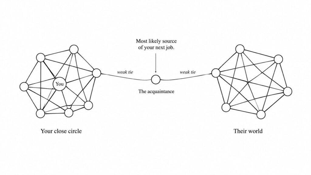 Academic network diagram showing two dense clusters labelled Your close circle and Their world, connected by a standalone node labelled The acquaintance via two weak tie edges. Callout reads Most likely source of your next job. Illustration of Granovetter's strength of weak ties theory.