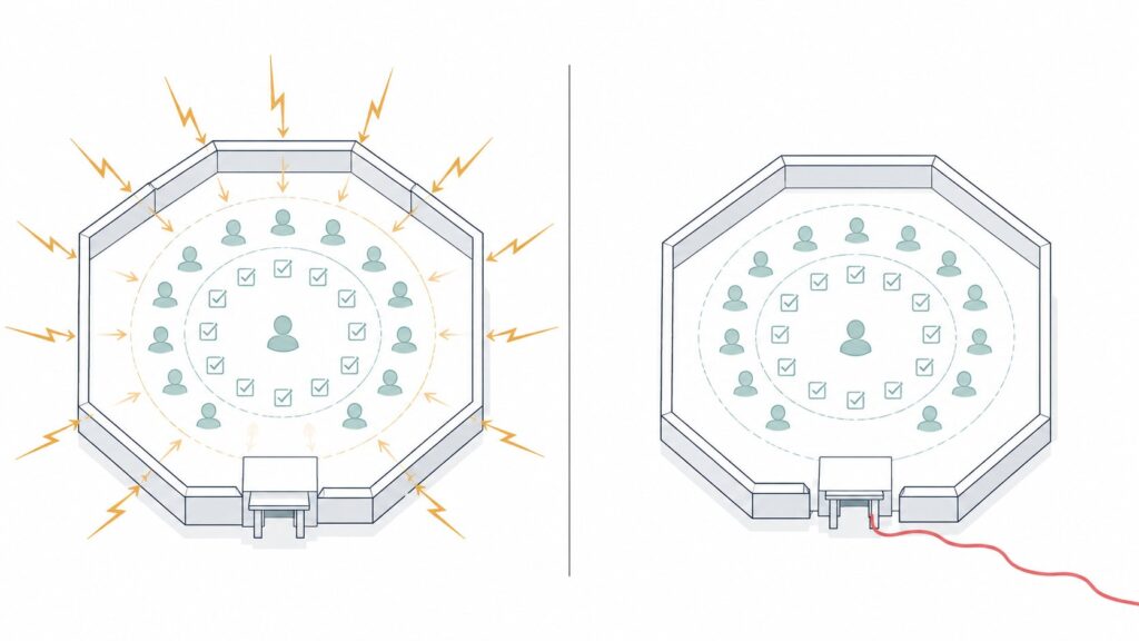 Two panel diagram comparing organisational anxiety entering a structure on the left, where it is absorbed ring by ring, with the same structure on the right showing a red line leaking out the base, representing attrition.