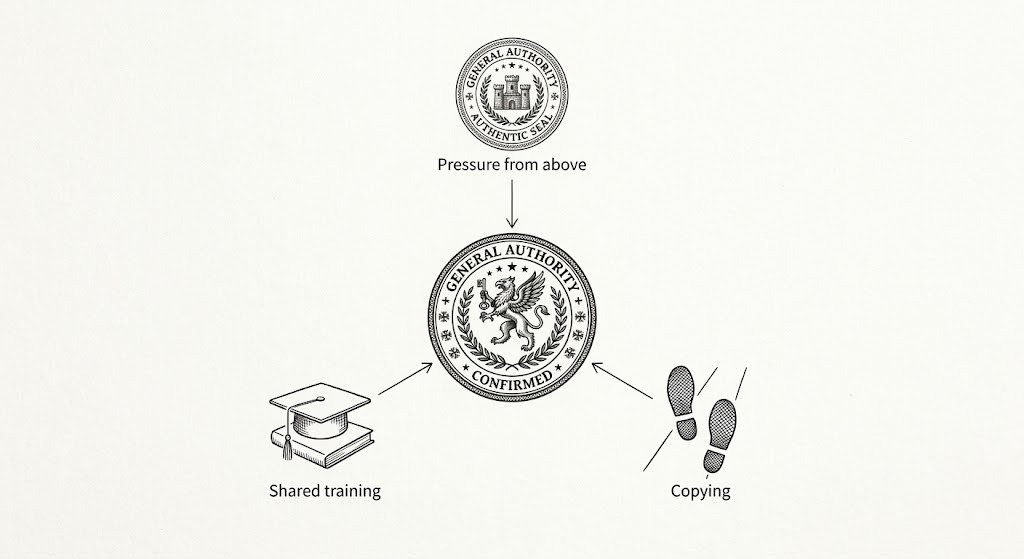 Diagram showing the three reasons organisations copy each other: pressure from above, copying under uncertainty, and shared professional training