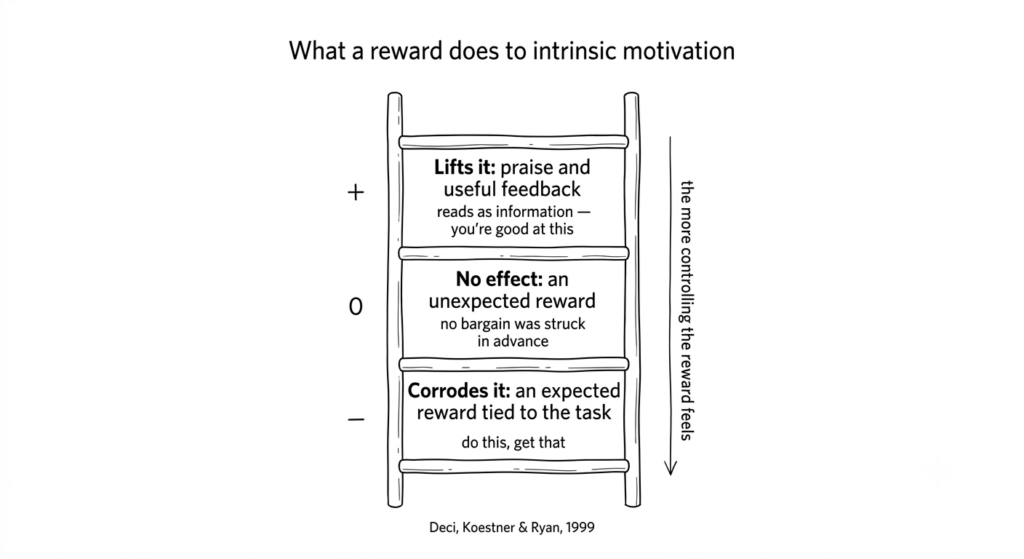 Grid showing which rewards lift, leave unchanged, or corrode intrinsic motivation, based on the 1999 meta-analysis