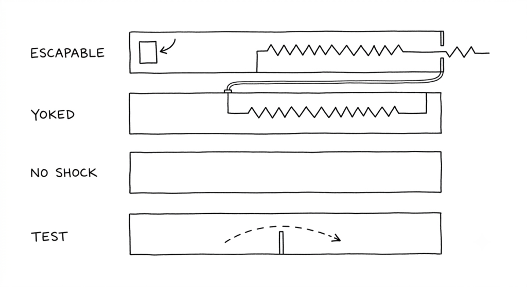 Diagram of the three group yoked design used in the 1967 learned helplessness experiment.